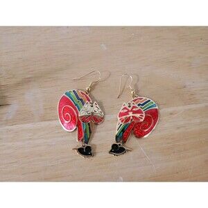 Berebi Articulated Cat Eating Fish Earrings Enamel Vintage Original Colorful